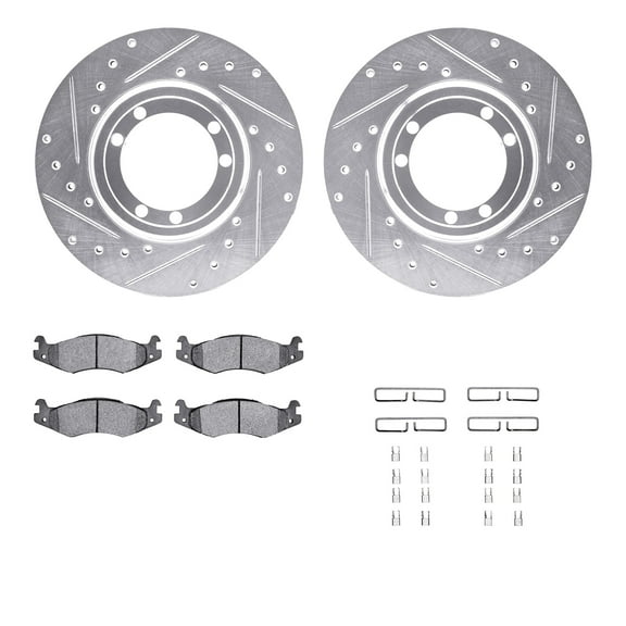 Dynamic Friction Company Front Brake Rotors-Drilled and Slotted-Silver with Heavy Duty Brake Pads includes Hardware 7212-44001