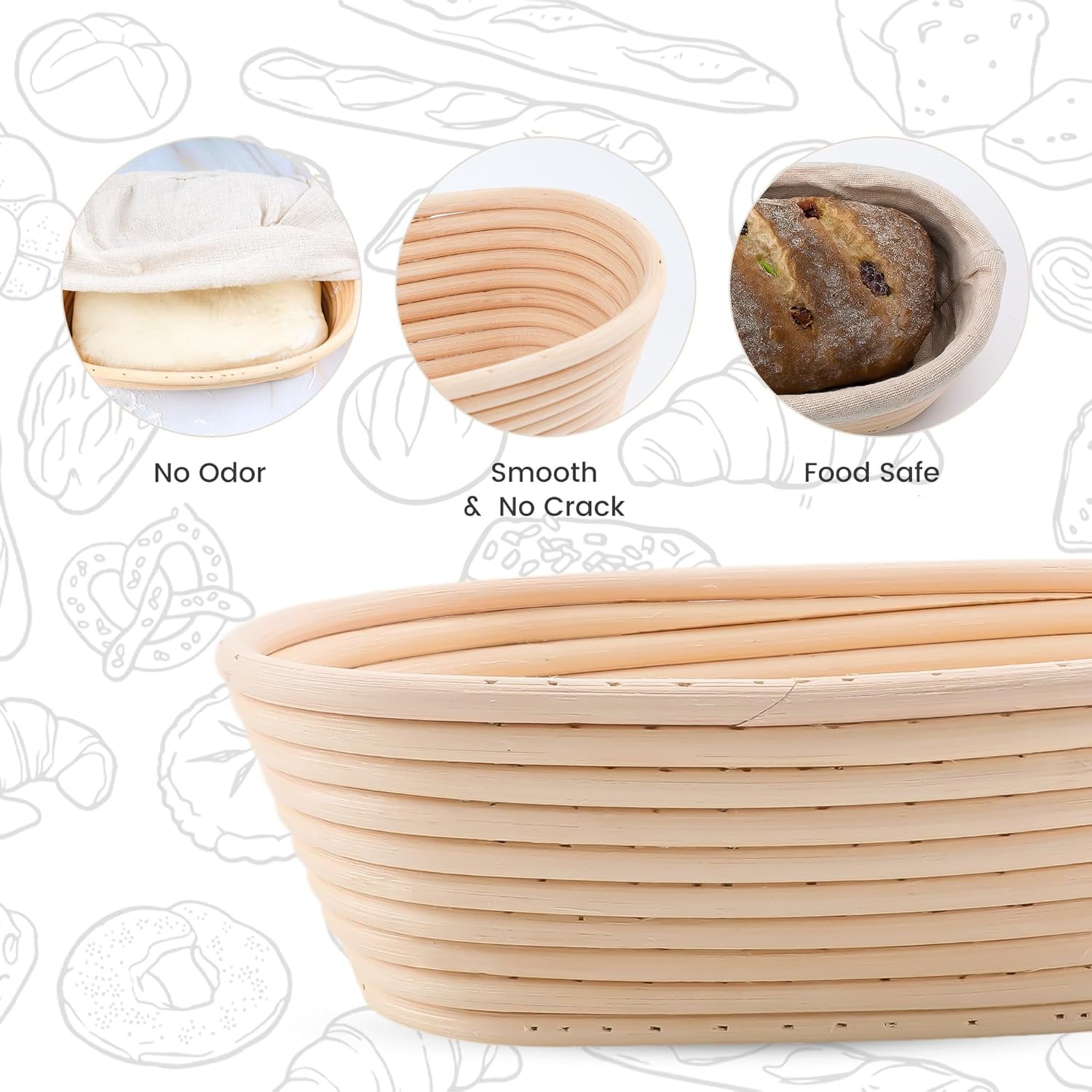 2 Pack Oval Bread Proofing Basket,Sourdough Proofing Basket,Basket Bread Baking Bowl with Linen Liner Cloth for Professional & Home Bakers,10 Inch