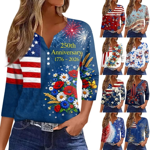 4th Of July T Shirts for Women Summer Patriotic 3/4 Sleeve Tops for Women 250 Anniversary Usa Flag Button Henley V Neck Independence Day American Flag Floral Print Tee Tops Dark Blue L