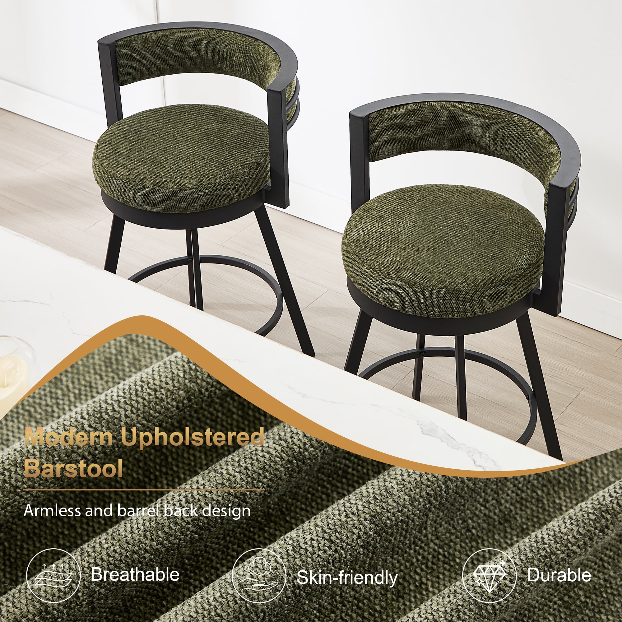Zesthouse 26.6″ Swivel Bar Stools Set of 2, Linen Upholstered Counter Stools with Barrel Back and Metal Legs, Modern Counter Height Barstools for Kitchen Island, Green