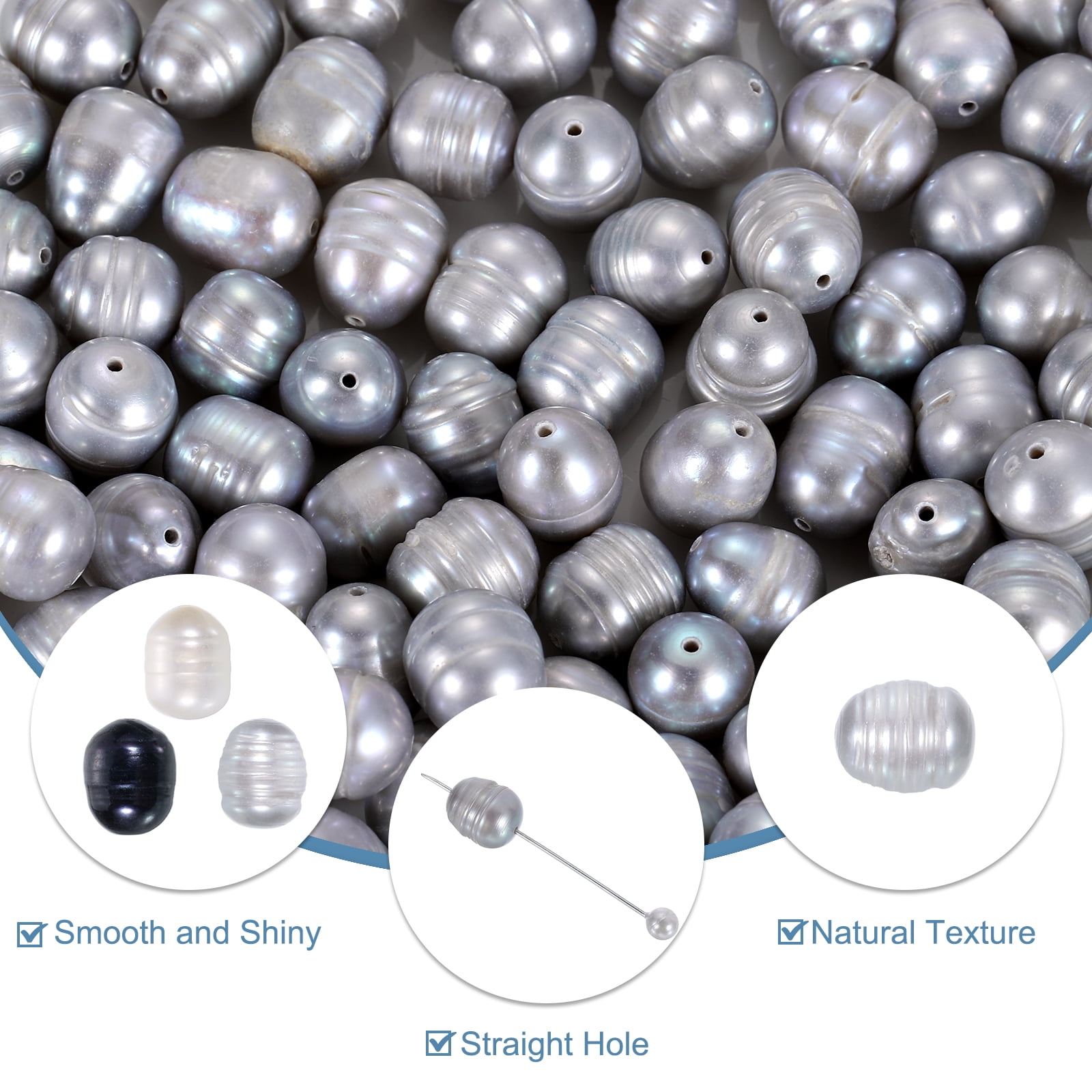 Uxcell 100 Pcs Natural Freshwater Pearl Beads, 7-8mm Oval Rice Shape Loose Gemstone Pearls 0.8mm Hole for Leather Cord Beading Jewelry Making DIY Craft, Gray
