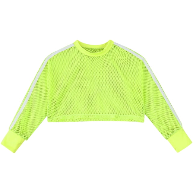 LiiYii Chandail en Molleton pour Filles Adolescentes Résille Manches Longues Chemise Chandail Hip Hop Danse de Rue Vert Fluorescent 14