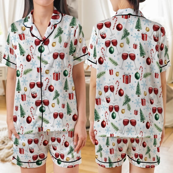 Lotusprinthandmade Red Wine Glass Christmas All-over Print Satin Short-Sleeve Pajamas Set (No Pocket) (S) – Soft Cozy Xmas PJs