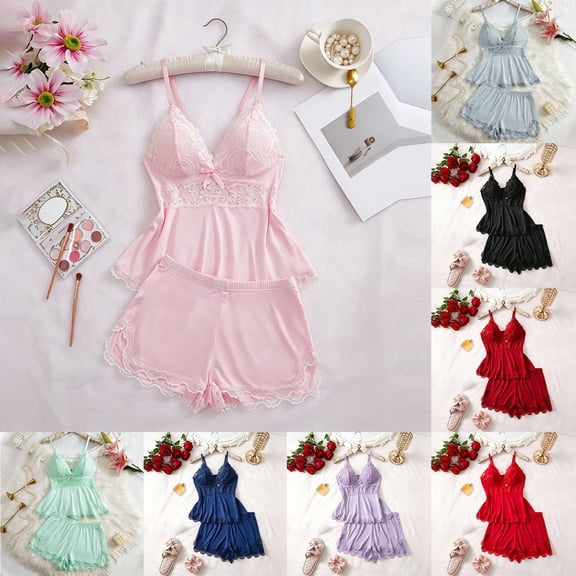 Womens Solid Color Lace Trim Cami Top Shorts Pyjama Two-piece Set Casual Comfy Soft Camisole & Shorts PJ Set Pajamas Womens Sleepwear Loungewear Homewear for All Seasons