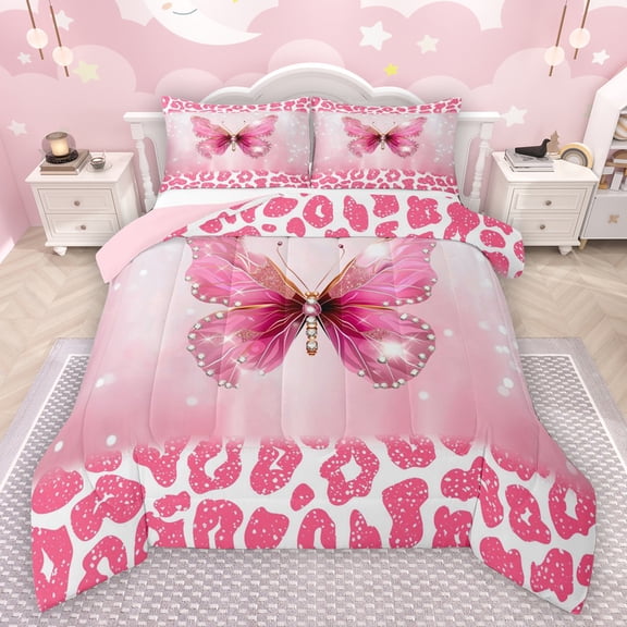 Manfei Cheetah Pattern Bedding Comforter Set,Leopard Print Kawaii Butterfly Twin Comforter Sets,Pink White Bedding Set For Girls Kids,Luxury Bedroom Decor Reversible,2-Piece