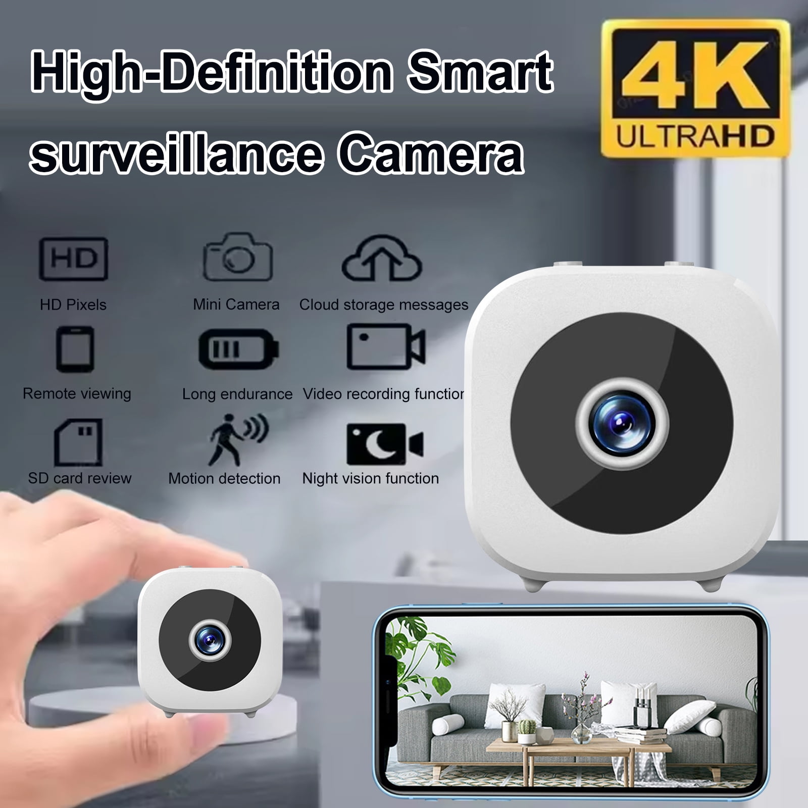 Smart Wireless Security Camera Rechargeable Househeld WiFi Surveillance Motion Detection Mini HD Camera for Home Office (White)