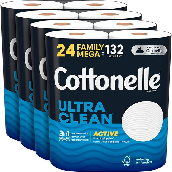 Cottonelle Papier Toilette Ultra Propre avec Texture Active, Papier Hygiénique Résistant, 24 Rouleaux Méga Famille (Équivaut 132 Rouleaux Réguliers)