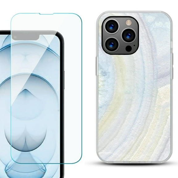 Slim-Fit Gel TPU Phone Case for iPhone 13 Pro Max, with Tempered Glass Screen Protector, by OneToughShield ® - Marble / Rainbow