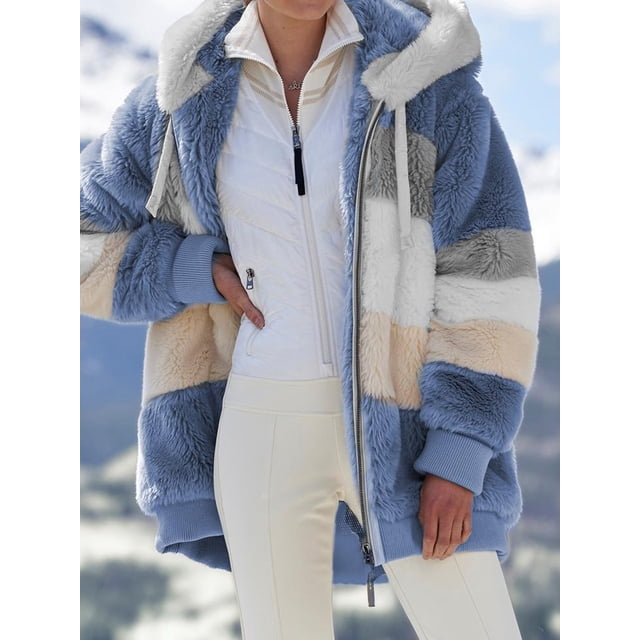 Abrigo holgado con capucha y bolsillo con cremallera para mujer, cálido, de felpa, estilo europeo y americano, otoño e invierno, 2023