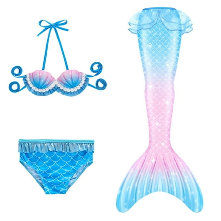 Rhuody 6-7 Years Swim Suits For Girls 3 Pcs Swimwear Bikinis Bathing Suit Kids Ruffle Top With Shorts Fish Tail Set Swimwear Soft Beach Wear Pink