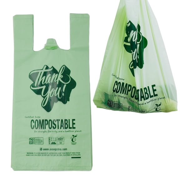 OrangeBio Handle Compostable Resin Reusable Eco Bag Set, Green, 500-Piece, 8" x 5" x16.5