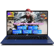 15.6" IPS FHD Gaming Laptop, AMD Ryzen 5 6600H 6 Cores 32GB DDR5 RAM 1TB SSD (Beat i7-1165G7, Up to 4.5GHz) Radeon 660M GPU-Computer with 100W Type-C Backlit Keyboard Fingerprint Win 11 Blue