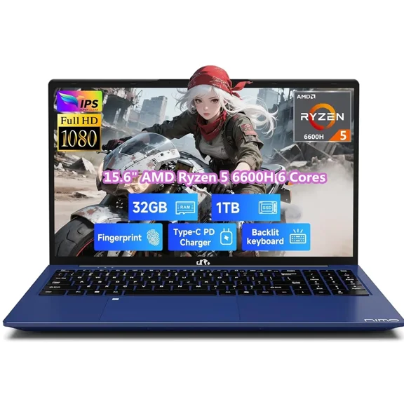 15.6" IPS FHD Gaming Laptop, AMD Ryzen 5 6600H 6 Cores 32GB DDR5 RAM 1TB SSD (Beat i7-1165G7, Up to 4.5GHz) Radeon 660M GPU-Computer with 100W Type-C Backlit Keyboard Fingerprint Win 11 Blue