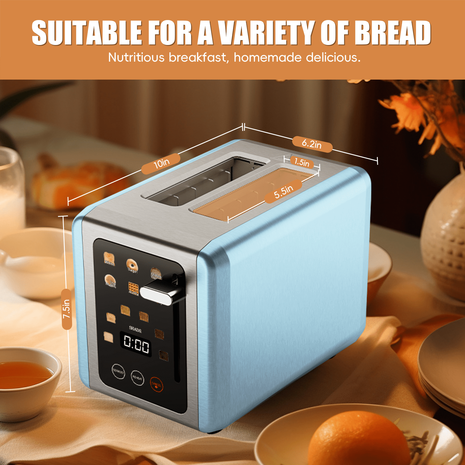 WHALLULTRA 2-Slice Touchscreen Toaster, Stainless Steel, 1.5" Wide Slots, Bagel/Defrost, 850W, Blue