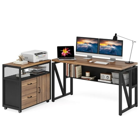 Tribesigns 55" Executive Desk with Reversible File Cabinet, Large L-Shaped Office Desk with Drawers