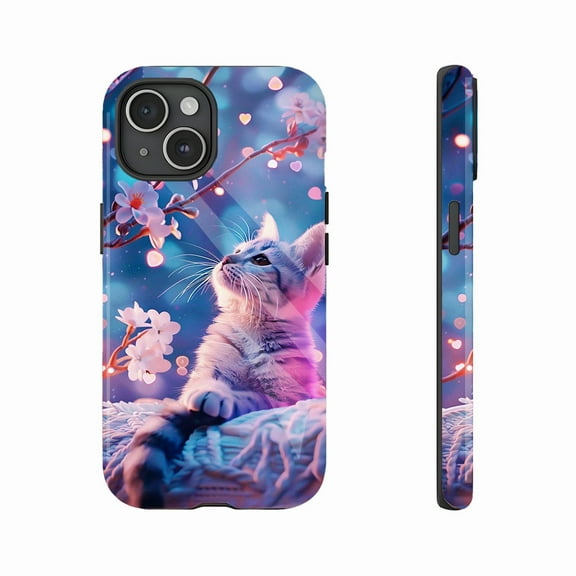 Glowing Cherry Blossom Cat Phone Case for Cat Lovers, Cute Feline Art with Dreamy Glow, Compatible with iPhone 11/12/13/14/15/16 (Pro Max/Plus)