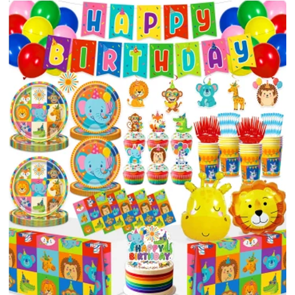 Animal birthday Decorations, Jungle Safari Theme party Supplies Set with , Banner, Tablecloths, Cake Toppers,Tableware napkins,forks,plates, & Balloons for Kids Wild One Zoo Themed Celebration
