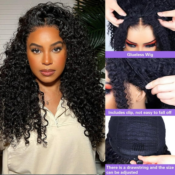Half Wig Human Hair Glueless Wigs Upgrade 3 IN 1 Half Wig With Drawstring Seamless Clip Ins Flip Over Deep Wave Human Hair No Glue No Lace For Women 200% Density 14 Inch