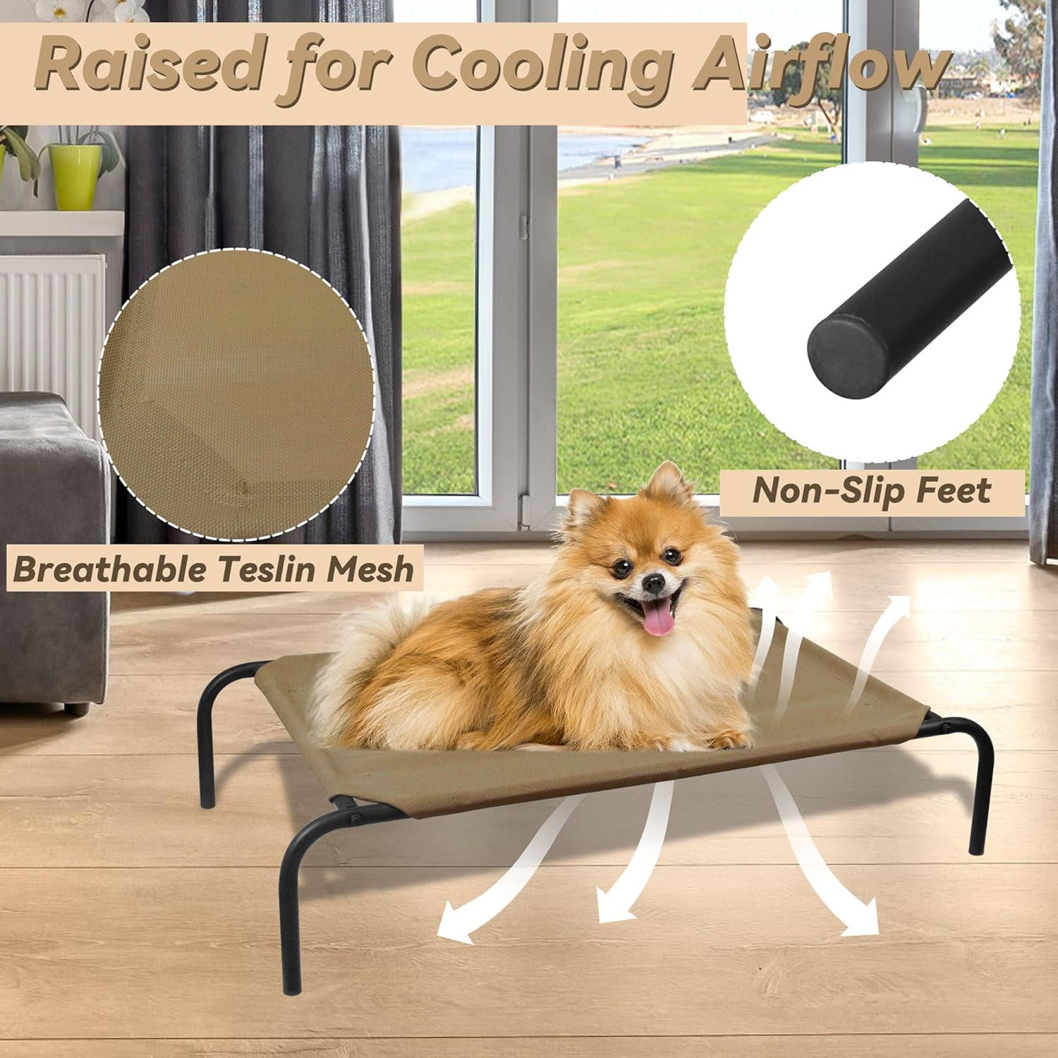 PHYEX Cooling Dog Bed Small, Raised Elevated Pet Bed for Indoor Outdoor, 33" L x 19" W x 7.5" H, Brown