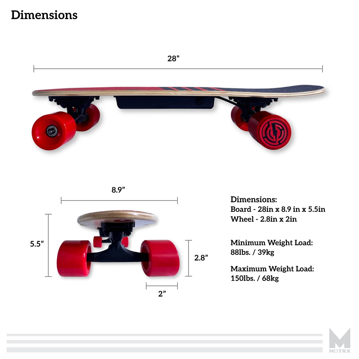 M8TRX EB100 Electric Skateboard, Gravity Sensor Riding, 300 Watt, 28" Deck, 10 MPH, Red