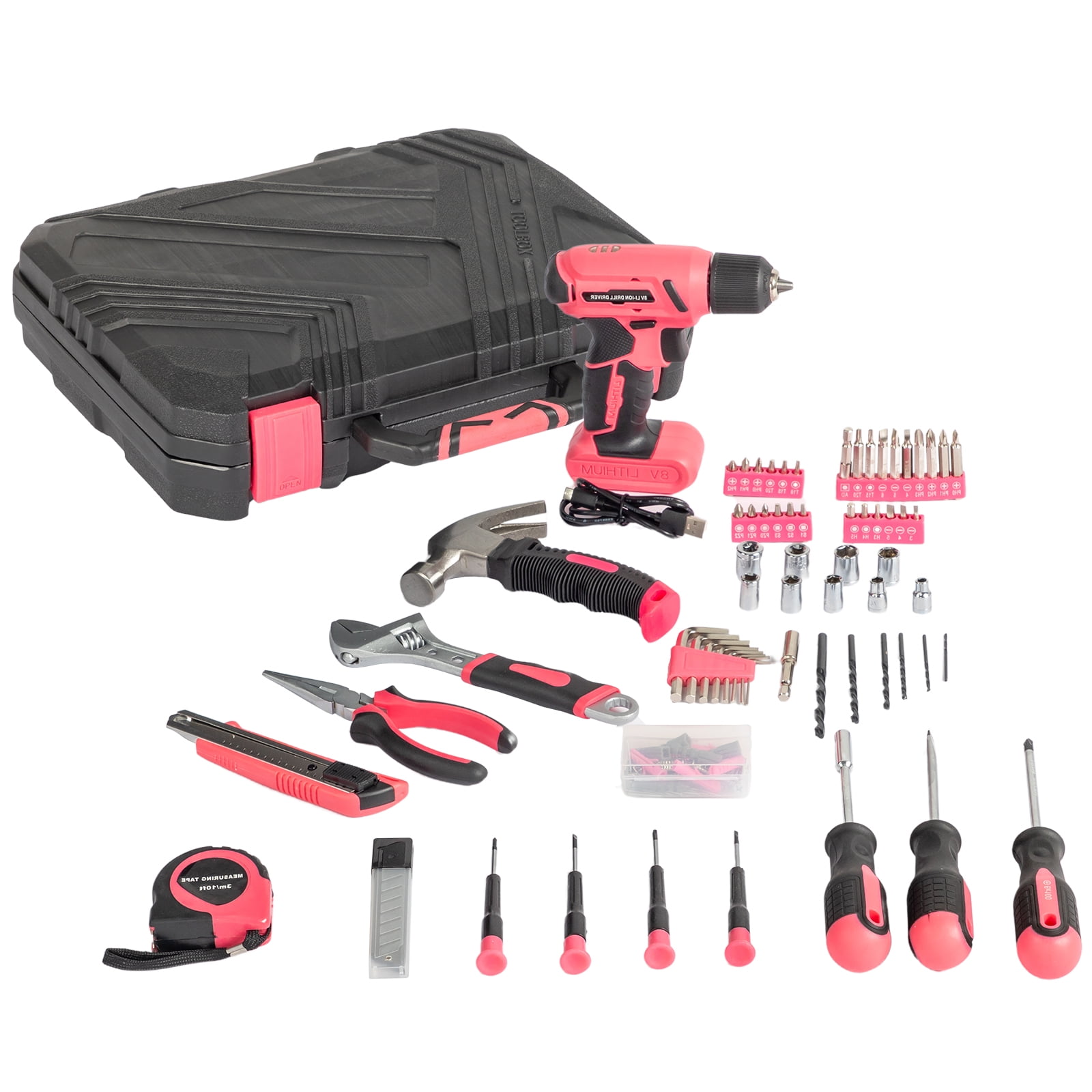 DECMAY 146-Piece Drill Set with 8V Pink Cordless Drill, Home Tool Kit with Drill, House Repairing Hand Tool Kits with Portable Case, for DIY Home Maintenance