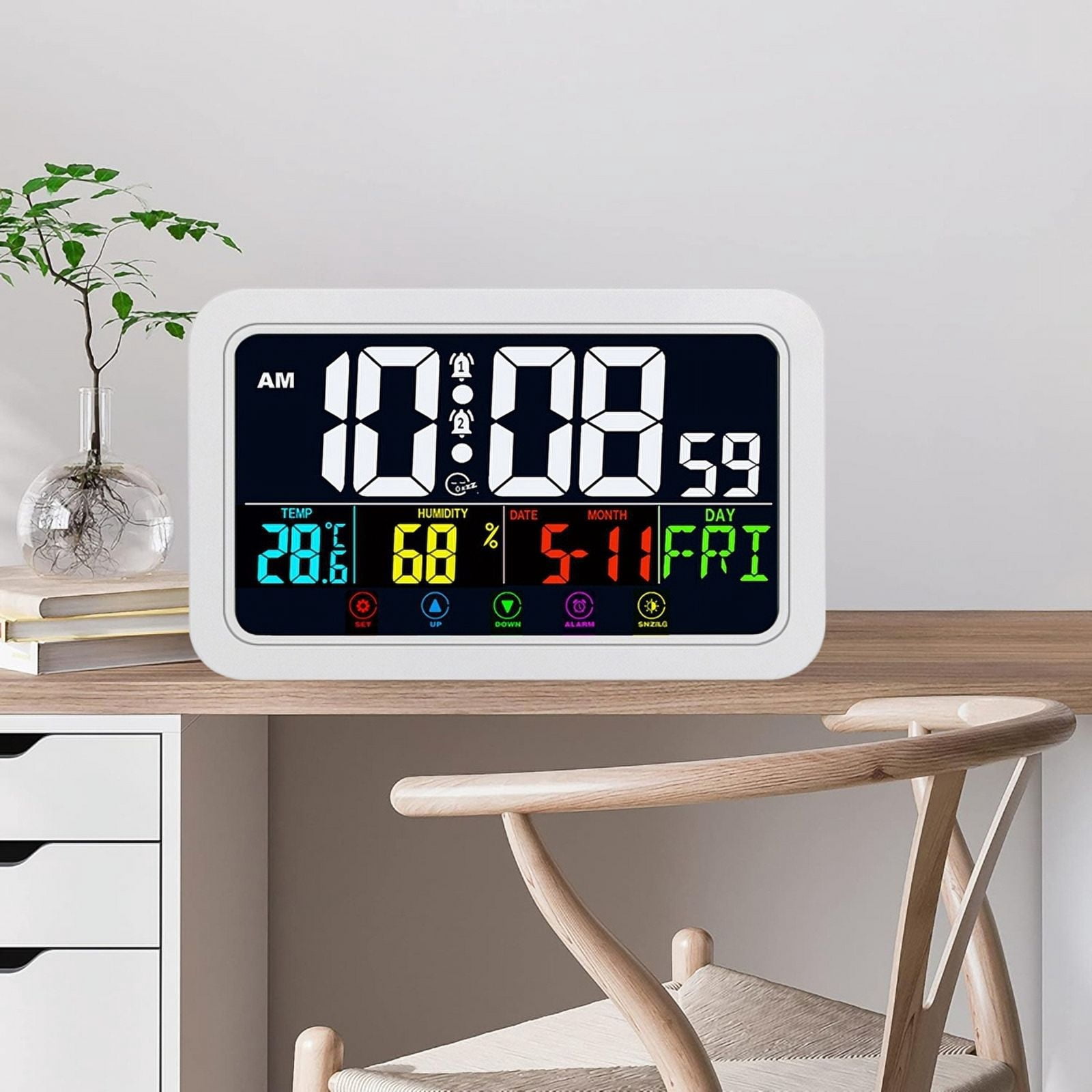 Digital Wall Clock, Digital Clock Battery Operated,8 Inch Desk Clock with Temperature Humidity Day Date White