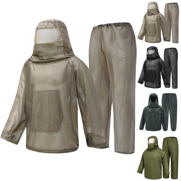 Mosquito Suit for Men Women Hunting Mesh Suit with Hood Outdoor Protection Outfit Sets Full Body Breathable Mosquito Net Suits Khaki M