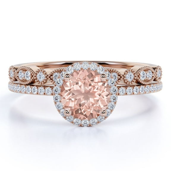 JeenMata 1.75 Carat Round cut created morganite and Moissanite Bridal Wedding Ring Set with Engagement Ring and Wedding Band in 18k Gold Over Silver