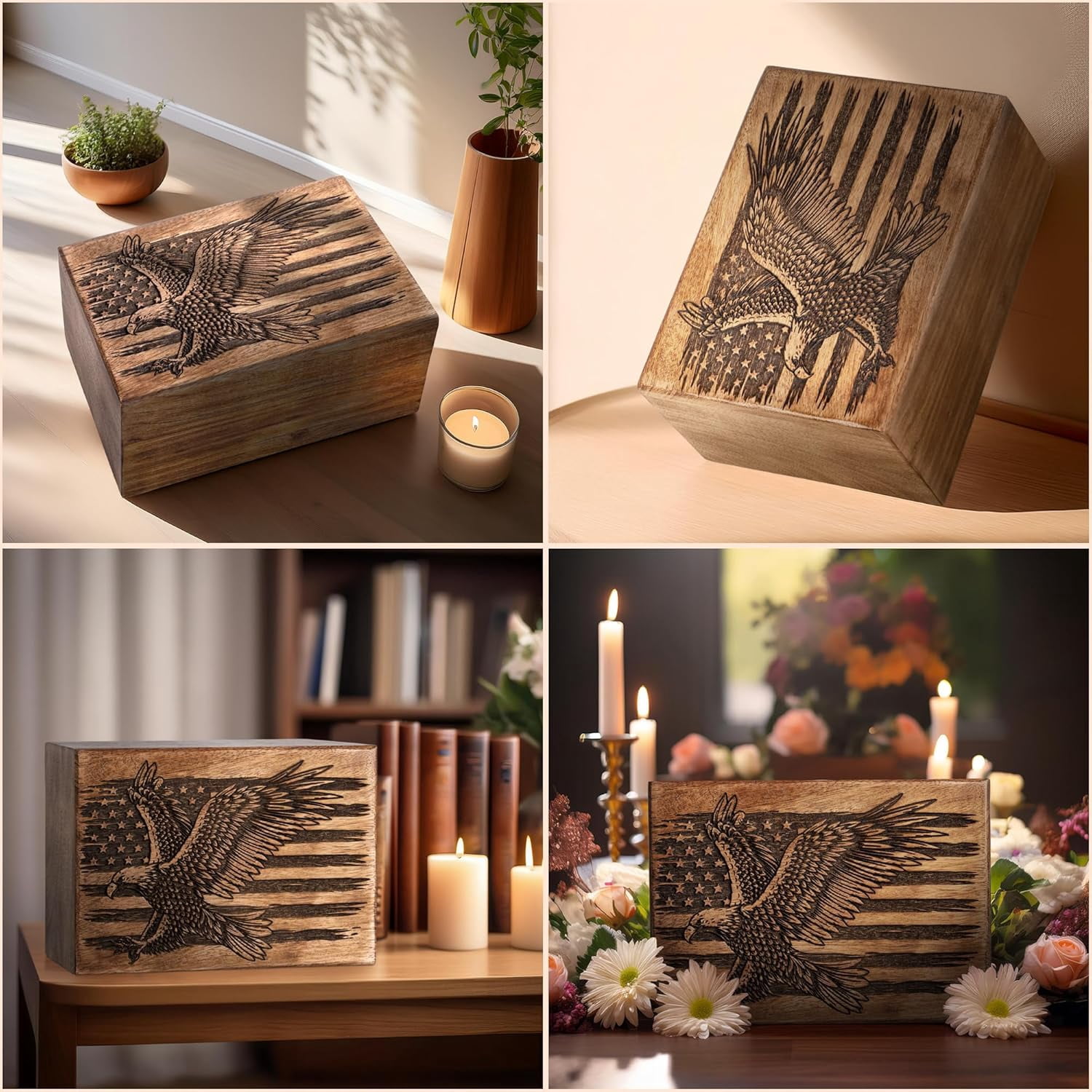 Cremation Urns for Human Ashes - American Eagle Wooden Box and Casket for Men, Women and Child Ashes - Funeral Memorial Burial Urn for Cat Dog Pet Ashes - Keepsake (12 Cu/in)