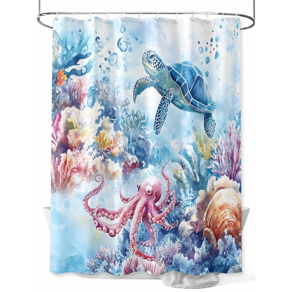 Fsddascl Sea Turtle Octopus Shower Curtain Set - 54" x 78" Washable Bathtub Curtain with 12 Hooks, Coastal Coral Summer Ocean Watercolor Waterproof Fabric Stall Shower Curtains for Bathroom/Bathtub