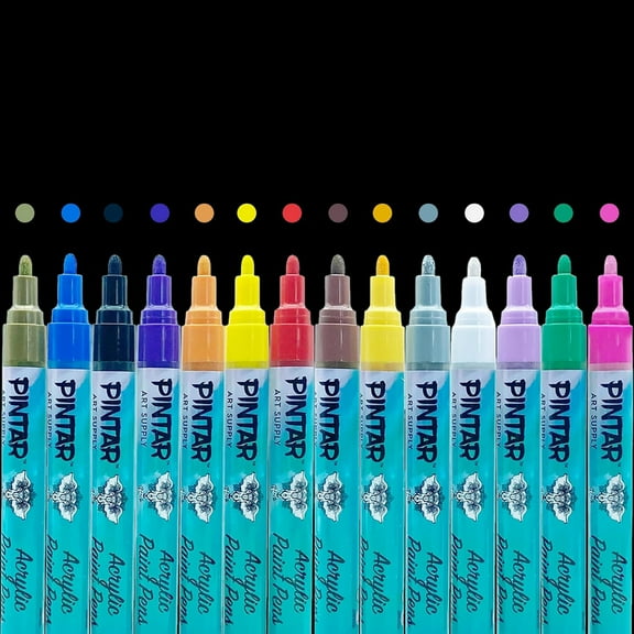Pintar: Acrylic Paint Markers - Medium Point 5mm, 14 Pack - Bright Opague Colors, Glossy Finish, Japanese Ink Multi-Surface Pens, Premium Art Supplies