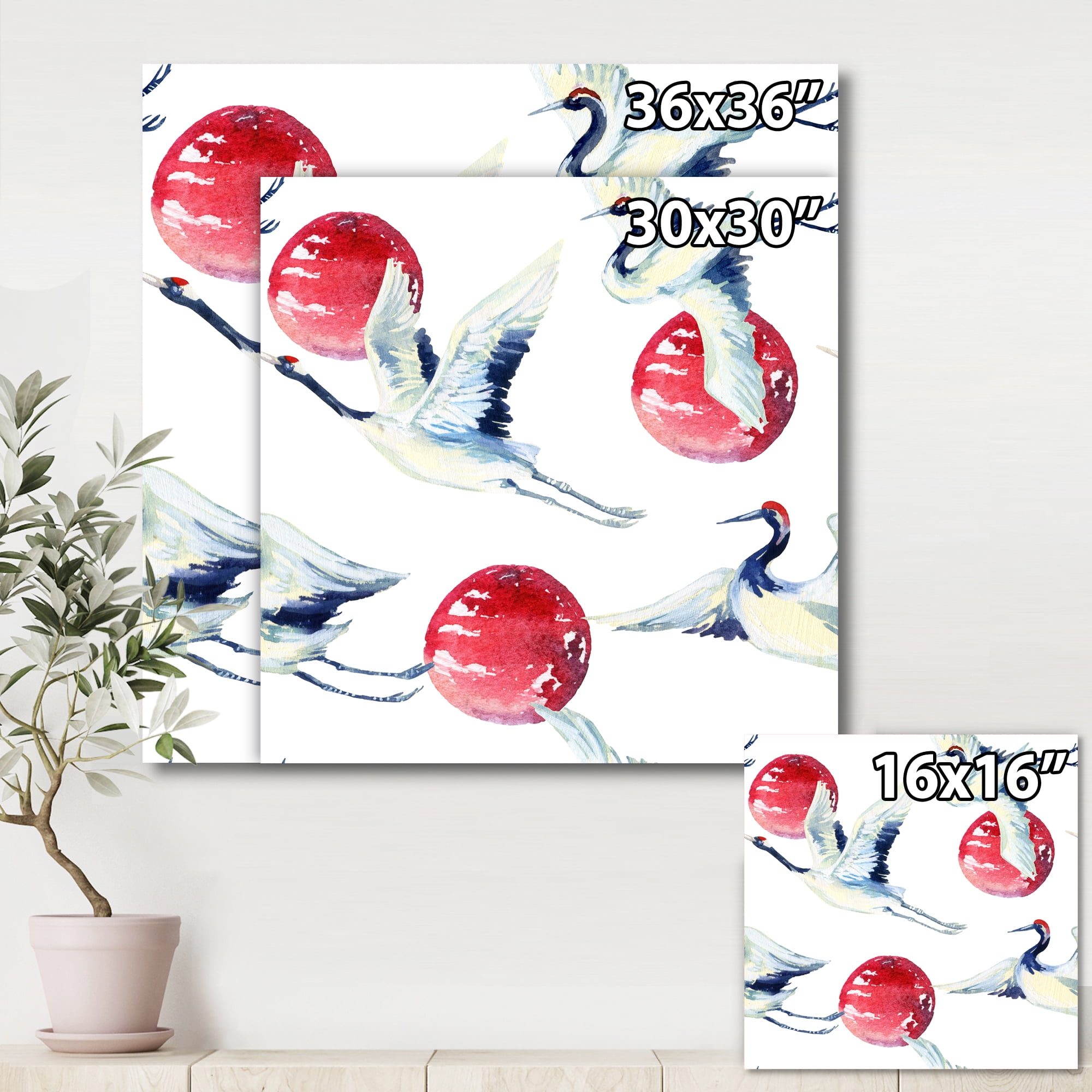 Designart ' Red Full Moon With Asian Crane Bird ' Traditional Canvas Wall Art Print