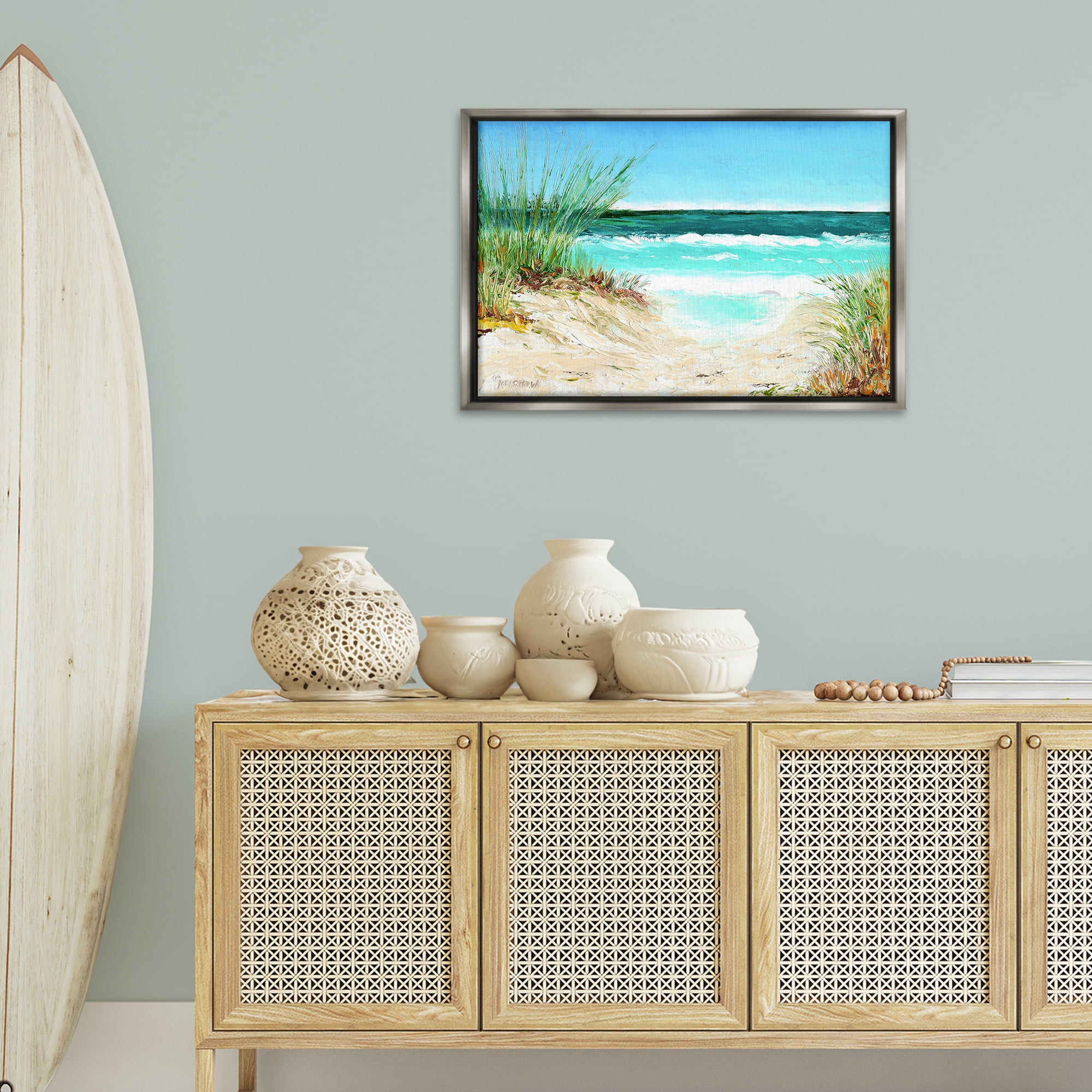 Stupell Industries Tropical Beach View Landscape & Nature Painting Gray Floater Framed Canvas Art Print Wall Art, 31 x 21