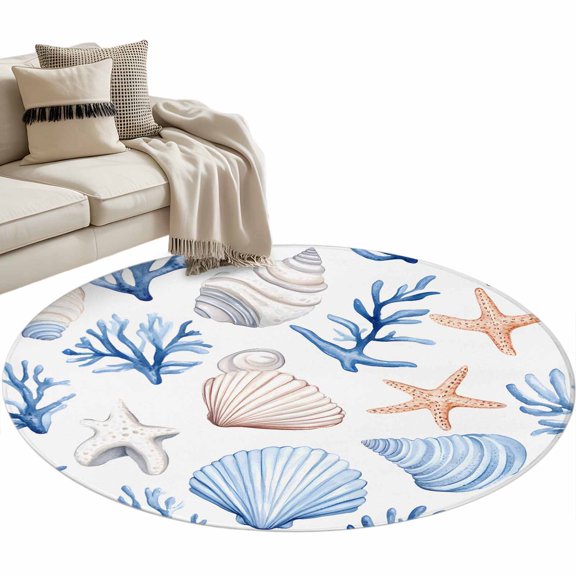 Ocean Coastal Round Area Rug 4 FT, Non Slip Indoor Outdoor Rug, Blue Coral Shell Starfish Beach Summer Washable Soft Circular Carpet Non-Shedding Floor Mat for Coffee Table Nursery Foyer Balcony