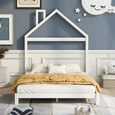 Full Size Wood Platform Bed with House-Shaped Headboard (White)