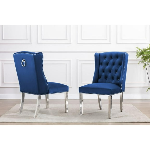 Double Tufted Navy Blue Velvet Side Chairs with Silver Stainless Steel Legs