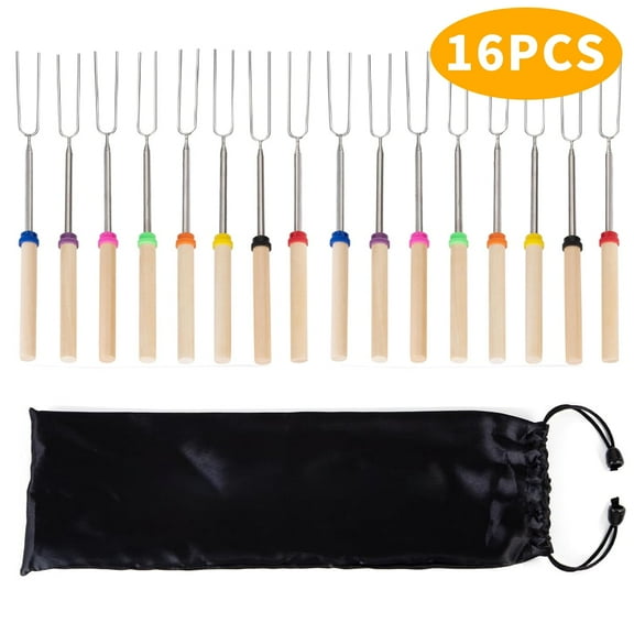 SUSWIM 16 Pack Extendable Stainless Steel Marshmallow Roasting Sticks - Smores Sticks for Fire Pit Long 32 Inch, Smore Skewers Hot Dog Fork Campfire Accessories, Camping Essentials