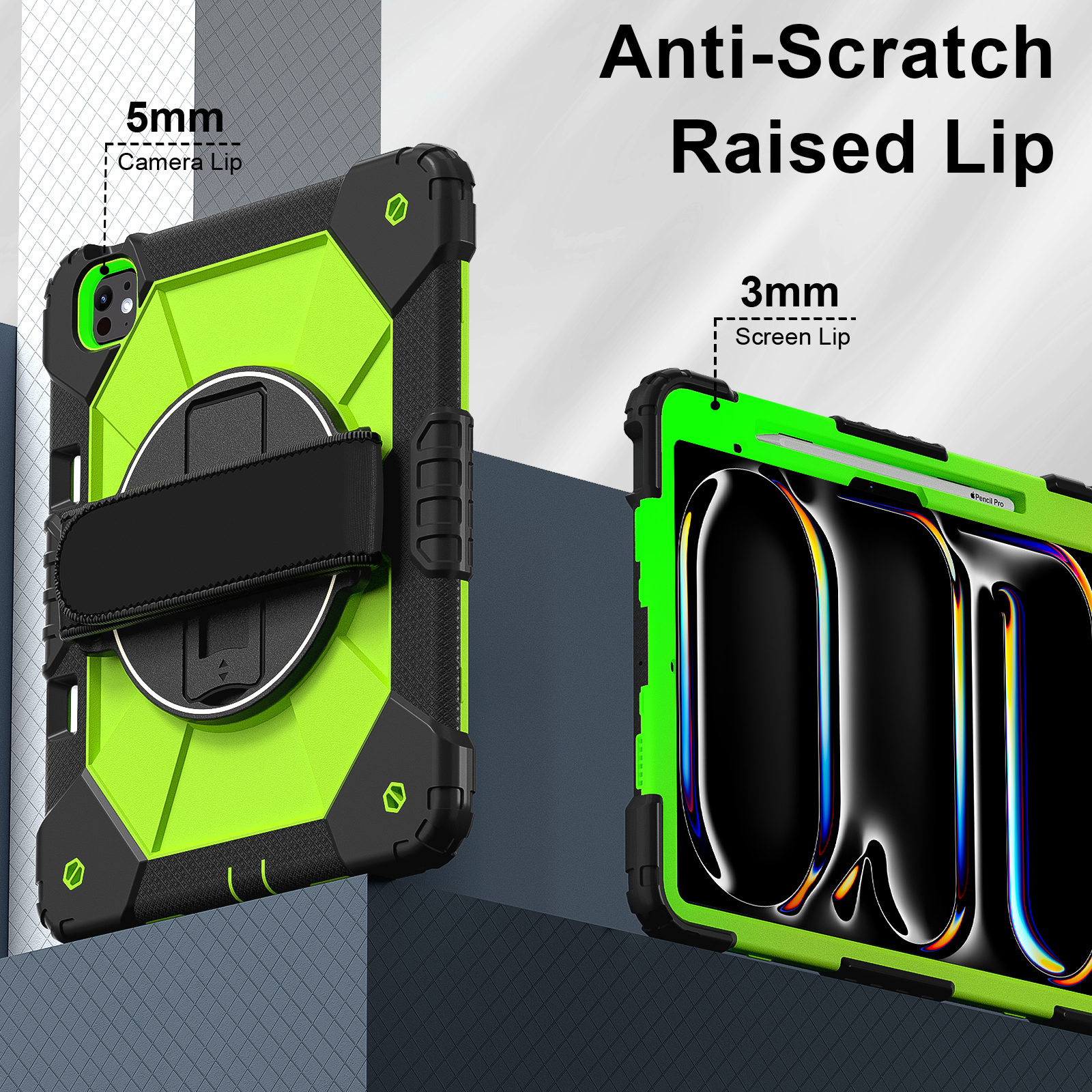 Dteck Case for iPad Pro 13 inch (M4) 2024 with Pencil Holder, Shockproof Silicone + PC 3 Layer Protection Case Heavy Duty 360° Rotating Hand Strap Kickstand Cover,Black+Green