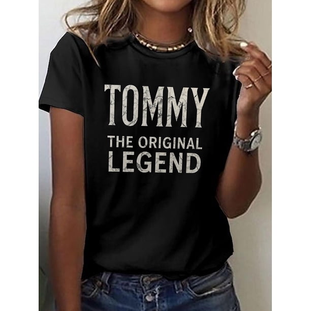 Women's Vibrant Green "TOMMY THE ORIGINAL LEGEND" Graphic T-Shirt - Short Sleeve Crew Neck Casual Top with Geometric Print, Medium Stretch, Machine Washable for Summer & Spring, Ladies T-shirts, Nont