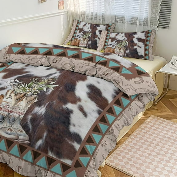 3 Pcs Soft Bedding Set, Includes 1 Duvet Cover with Zipper And 2 Pillow Shams,Cowboys Hat Boots Horseshoe Decorative Twin(86"x70")