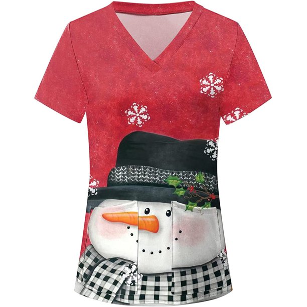 Pntutb Mujer Navidad Manga corta Cuello en V Uniforme de trabajo Estampado Ropa de trabajo Blusas Jersey Camisetas tops Pntutb Pntutb-6620