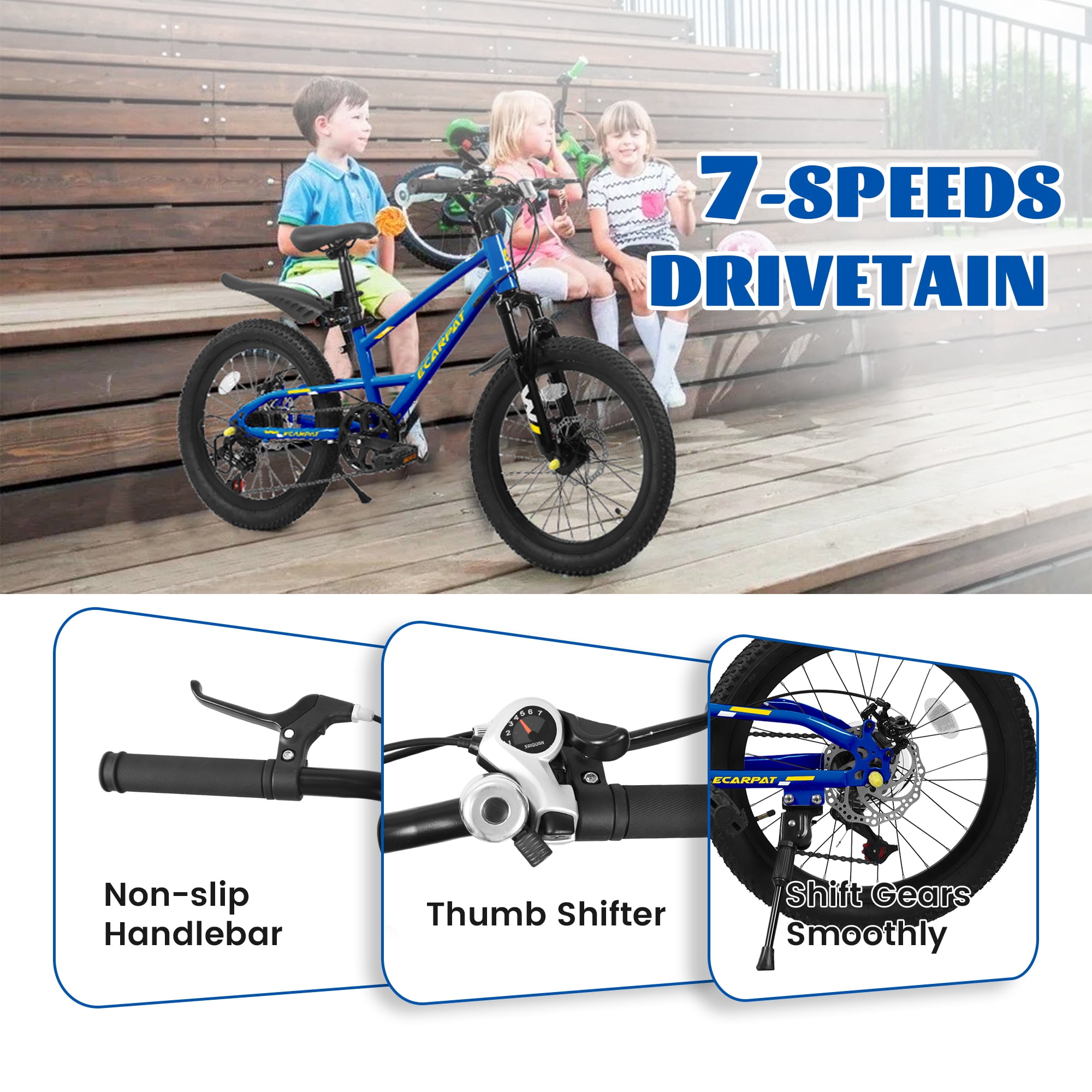 20" Mountain Bike, 7-Speed with Durable Steel Frame & Front Suspension - Blue