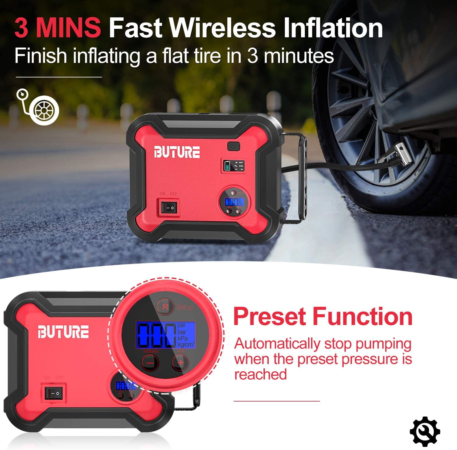 Portable Car Jump Starter with Air Compressor, BUTURE 150PSI 4500A 26800mAh  Booster Pack (All Gas/8.0L Diesel) Digital Tire Inflator, Fast Battery