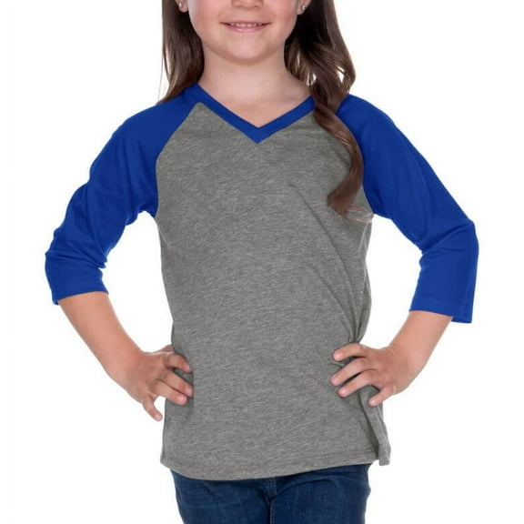 Kavio! Little Girls 3-6X Sheer Jersey Contrast V Neck Raglan 3/4 Sleeve Dark H.Gray/Cobalt Blue 3