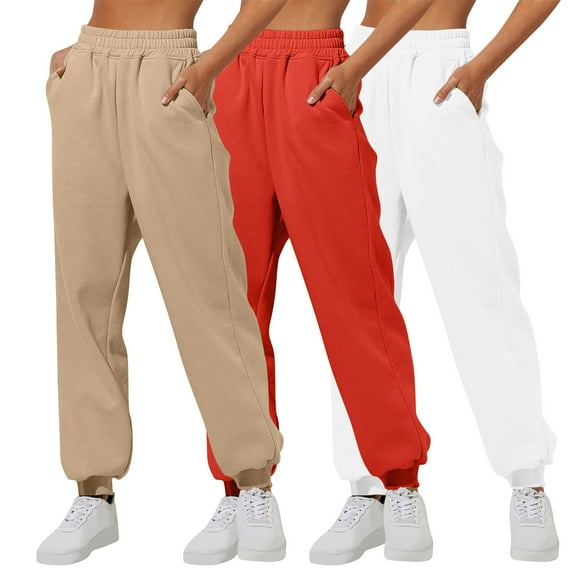Makaor Lightweight Joggers Women with Pockets 3 Pack Solid Baggy Loose Sweatpants with Elastic Waist Brown L-XL