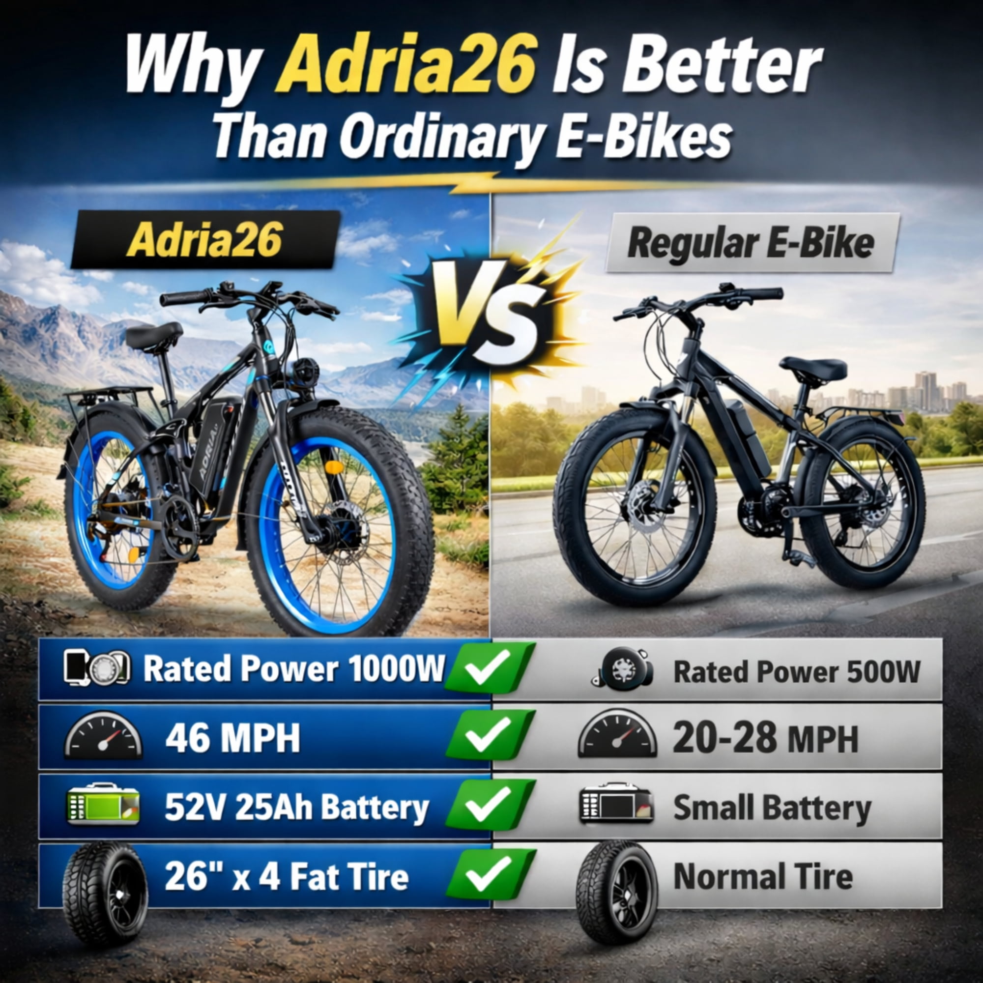 TUTTIO ADRIA26 Electric Bike for Adults, Removable 52V 30Ah Long Range Battery, Up to 100 Miles, 26” Fat Tire All-Terrain E-Bike for Mountain & Snow Riding, UL 2849