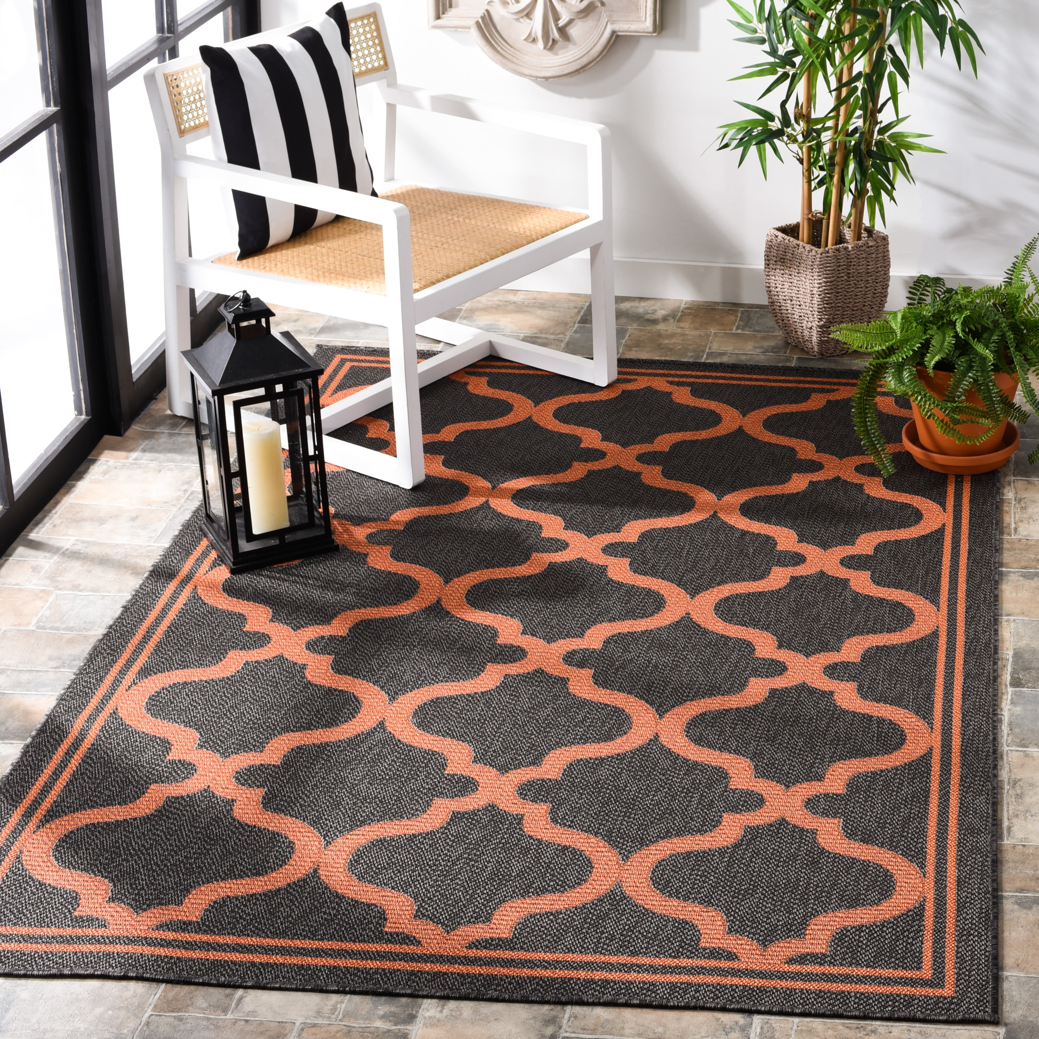 SAFAVIEH Machine Washable Rug Indoor/Outdoor Bermuda Collection - Bermuda Tamaya Geometric Machine Washable Indoor/Outdoor Area Rug, Charcoal/Rust, 8' x 10'
