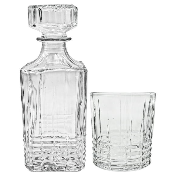 Juego de Decantador Licorera Tapa Hermética con 4 Vasos de Vidrio Grueso con Diseño de Relieve Líneas, Modelo Birmingham, Ideal para Vino o Whisky con Caja de Regalo