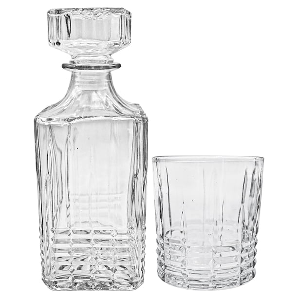 Juego de Decantador Licorera Tapa Hermética con 4 Vasos de Vidrio Grueso con Diseño de Relieve Líneas, Modelo Birmingham, Ideal para Vino o Whisky con Caja de Regalo