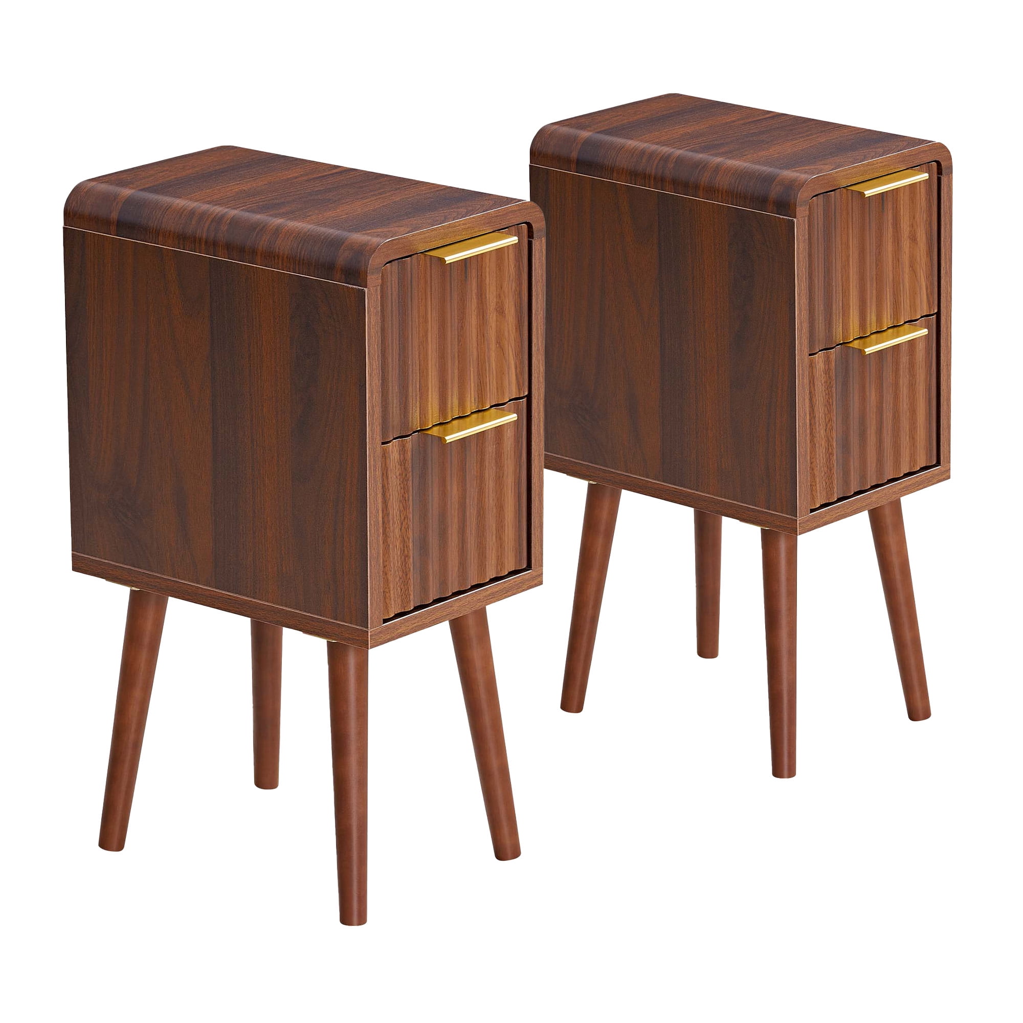 Spruce & Spring Mid-Century Modern Fluted Narrow Nightstands Set of 2 with 2 Drawers & Gold Handles for Living Room, Walnut